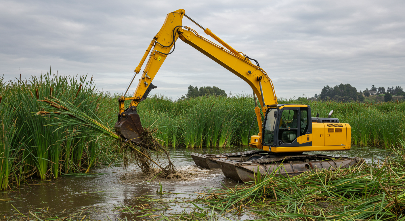 mechanical cattail removal Pasadena California amphibious excavator professional crew