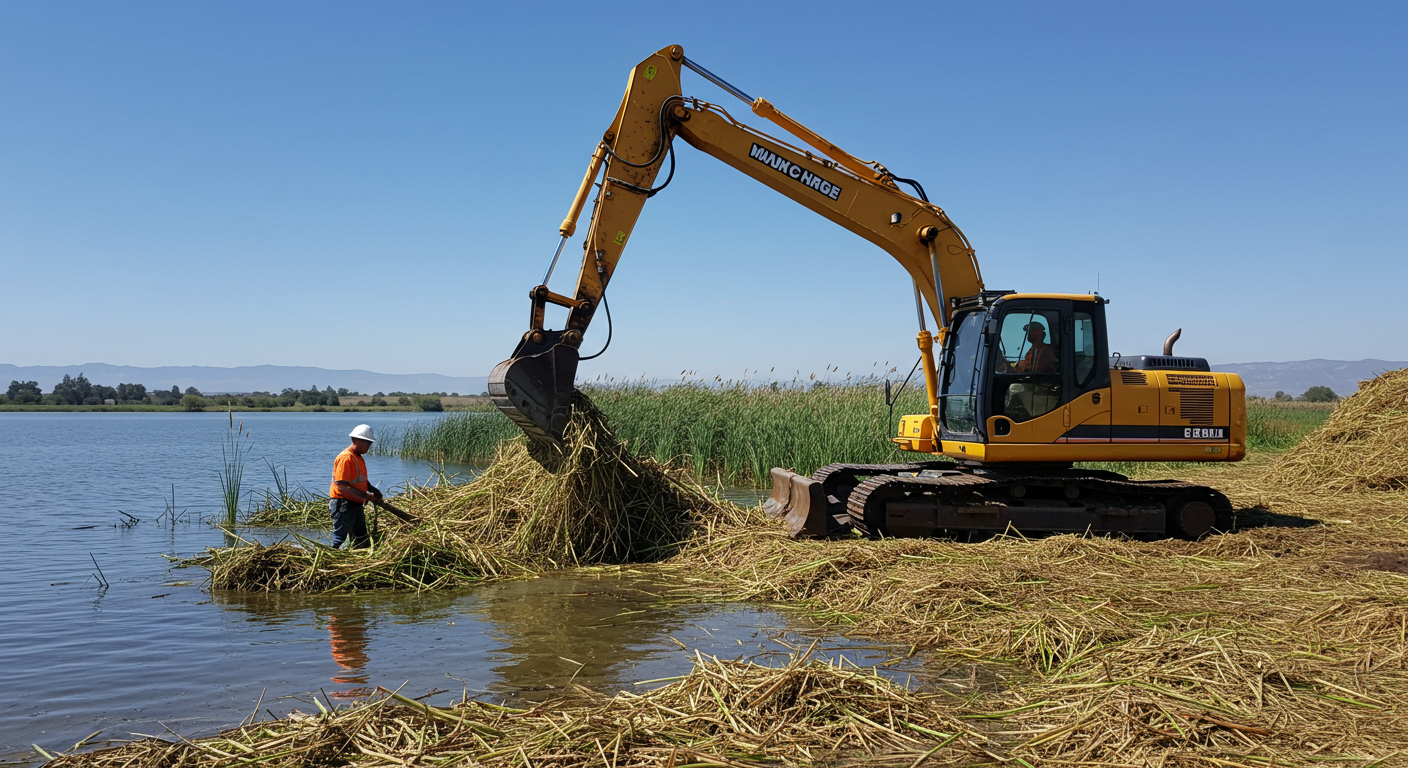 mechanical cattail removal Mountain View California amphibious excavator professional crew